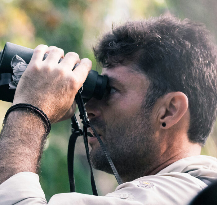 A birder viewing birds with a binocular